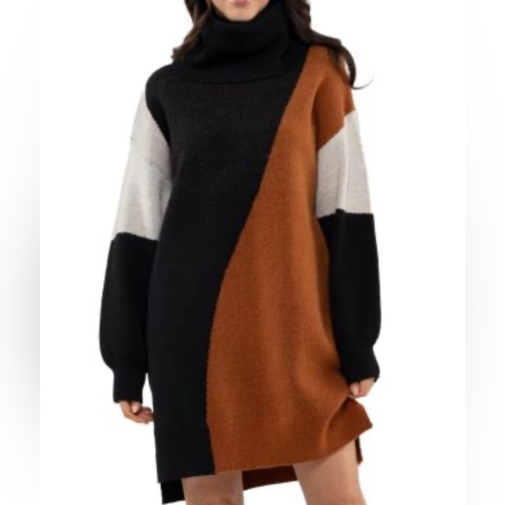 Colorblock Turtleneck Sweater Dress - Black & Brown